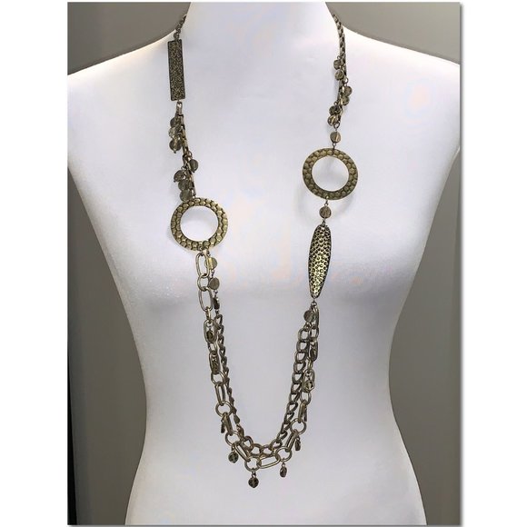 Chico's Jewelry - Chico's Hammered Brass Circle Disc Long Statement Necklace EUC